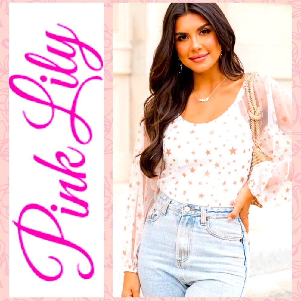 ⭐️Pink Lily Ivory Star Print Mesh Sleeve Bodysuit⭐️